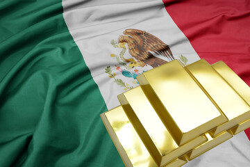 Wall Mural - shining golden bullions on the mexico flag background.