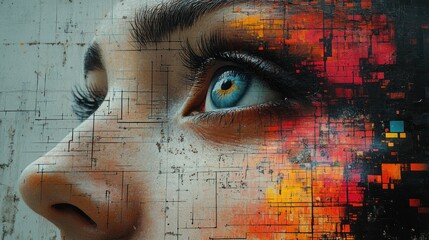 Wall Mural - A close-up of a woman's eye with colorful digital patterns overlaying her face.