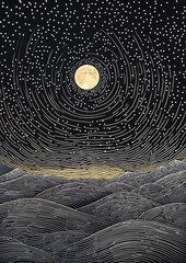 Luminous Landscape zentangle starry night sky monochrome illustration line drawing with moon and clouds 