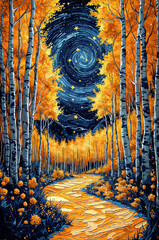 Autumn forest landscape on a starry night sky watercolor illustration in yellow and blue