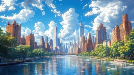 Sticker - A stunning panoramic view of a modern city skyline with skyscrapers, buildings, a river, and lush green trees, under a blue sky with fluffy clouds.