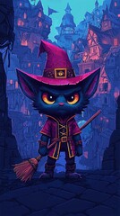 Canvas Print - Cute Cartoon Cat Wizard with Broom in Medieval City