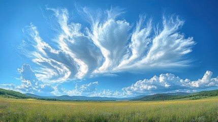 Poster - A panoramic view of a vast, green meadow with a clear blue sky and dramatic clouds above.