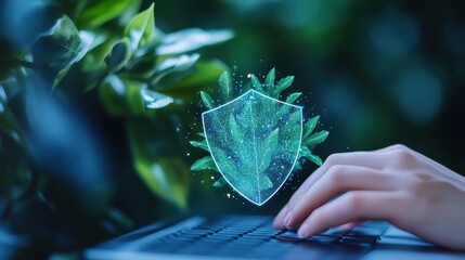 Poster - A hand typing on a keyboard, with a digital shield forming around the screen, representing the protection of sensitive data in cyberspace.