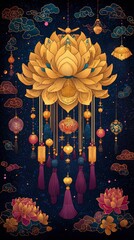 Wall Mural - Golden Lotus Lantern Dreamcatcher