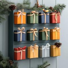 Poster - Advent calendar with colorful wrapped gifts on a blue wall.