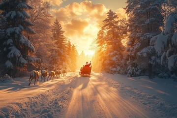 Wall Mural - Santa Claus rides in a sleigh pulled by reindeer through a snowy forest at sunset.