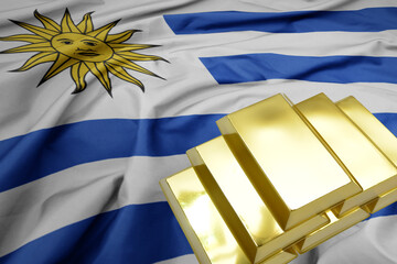 Wall Mural - shining golden bullions on the uruguay flag background.