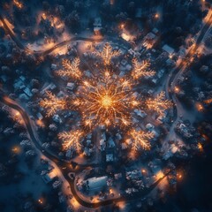 Poster - Aerial view of a snow-covered town with a large snowflake-shaped light display in the center.