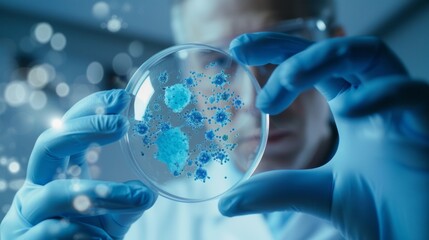 Aufkleber - A scientist is holding a petri dish with a blue substance in it