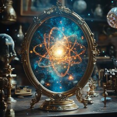 Sticker - An antique oval mirror reflects a glowing atomic structure in a mystical setting.