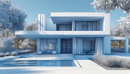 Sticker - Sleek digital blueprint of a modern house showcasing intricate details in a clean white and blue palette against a minimalist background