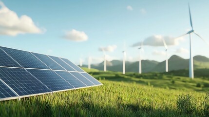 Solar panels with wind turbines in landscape