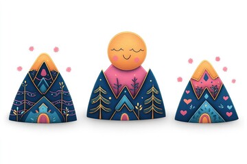 Wall Mural - Cute Illustrated Mountains with a Smiling Sun