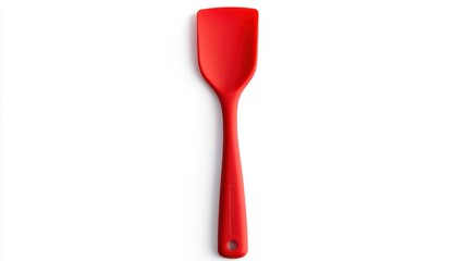 A bright red silicone spatula standing upright, isolated on a white background