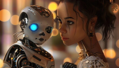 Robot and Woman in a Futuristic Setting