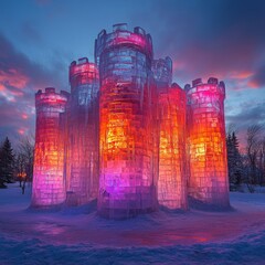 Poster - An ice castle glows with colorful lights at sunset.