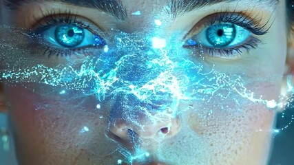 Aufkleber - A young woman with vibrant blue eyes stands in a creative space, illuminated by artistic digital effects that enhance her features and expression.