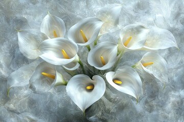 A white background is surrounded by white flowers painted in stucco