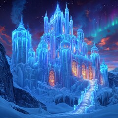 Poster - An intricate ice castle with a staircase leading up to the entrance, illuminated by the aurora borealis.