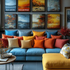 Wall Mural - A living room interior with a blue couch and a yellow ottoman, decorated with colorful throw pillows and paintings.