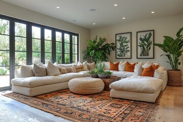 Sticker - A large, white sectional sofa with plush pillows sits in a modern living room with a large area rug, a woven coffee table, a potted plant, and a set of artwork.