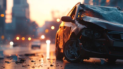 Damaged car in urban setting, blurred background