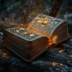 Sticker - An open book with glowing particles emanating from its pages, resting on a wooden surface in a forest setting.