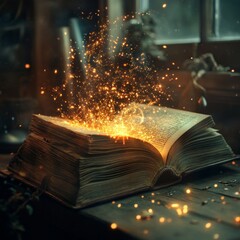 An open book with sparkling magic emanating from its pages, on a rustic wooden table.