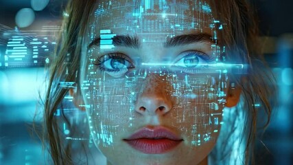 Aufkleber - The woman gazes intently as bright digital patterns illuminate her face, blending technology and artistry in a captivating display of modern innovation.