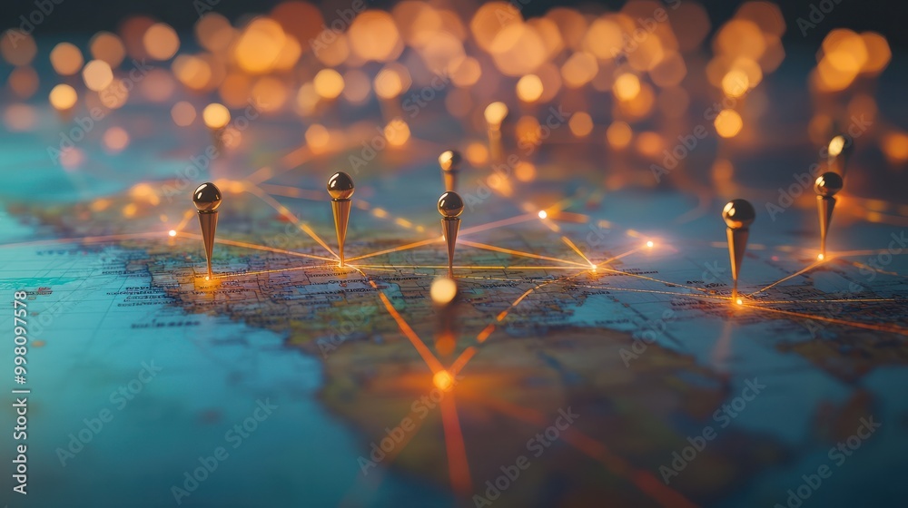 A digital map featuring interconnected location pins, symbolizing ...