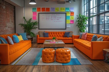 Wall Mural - Modern office lounge with orange sofas, a coffee table, two ottomans, a whiteboard with sticky notes and a large window.