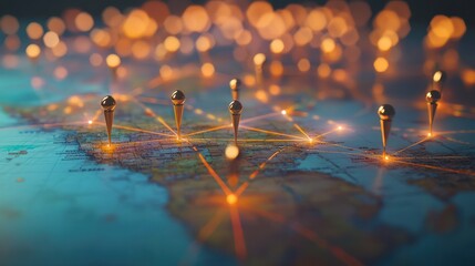 Poster - A digital map featuring interconnected location pins, symbolizing global network connectivity and geographic information technology. Concept of global connections and geolocation maps for business.
