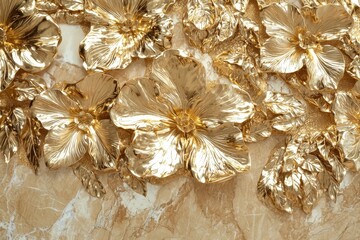 A white background is adorned with three gold and white flowers