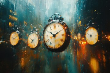 A surreal cityscape with multiple alarm clocks floating in the air, representing the passage of time and the constant flow of life in the city.