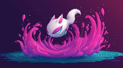 Poster - White Cat Leaping Through Pink Liquid Splash