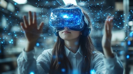 Wall Mural -  School student with VR headset using AI artificial intelligence technology & machine learning. Interactive technology in classroom. Innovation & smart tech. AI blue hologram in education