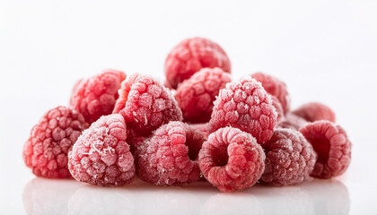 Frozen raspberries against white background. Tasty sweet berry. Organic and healthy food.