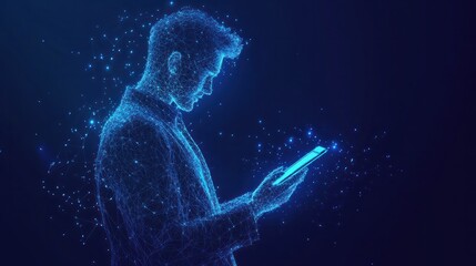 Poster - Abstract digital businessman with tablet uses chatbot app. Concept of Artificial Intelligence and technology innovation in the modern business world. Futuristic low poly wireframe