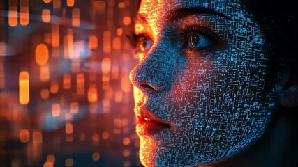 Poster - A woman gazes thoughtfully as colorful digital patterns and binary code illuminate her face in a captivating, futuristic atmosphere.
