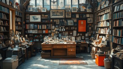 Poster - A cozy bookstore with wooden shelves and a large desk in the center. The walls are adorned with pictures and books. There is a rug in the middle of the room and a red box in the corner.