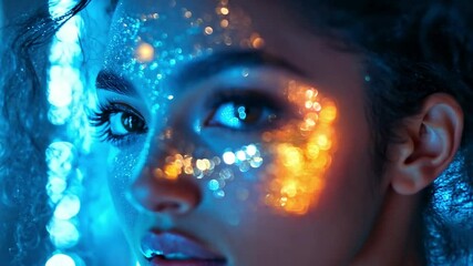 Aufkleber - A young woman showcases creative glowing makeup and shimmering sparkles on her face, illuminated by vibrant blue lights in an artistic atmosphere.