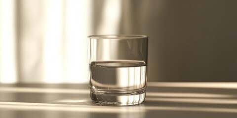 Poster - A clear glass of water reflects soft light. The warm glow enhances the simplicity and elegance of the moment. Perfect for wellness or lifestyle themes. Captured in a serene style. AI