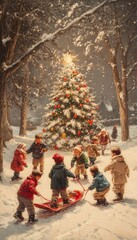 Wall Mural - Children playing in the snow around a decorated Christmas tree in a snowy forest at night.