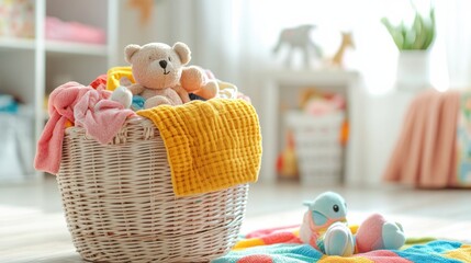 Aufkleber - A bright room showcases a laundry basket brimming with colorful children's clothing and plush toys, illuminated by soft sunlight. Generative AI