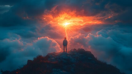 A Person Observing a Distant Lightning Storm from a Cliff s Edge