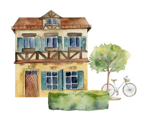 Old European city town village street houses, facades. Historical cityscape building, green hedge trees, parked bicycle. Watercolor hand drawn illustration. Tourist shops, souvenirs, travel brochures