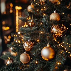 Poster - Close-up of a decorated Christmas tree with golden ornaments and fairy lights.