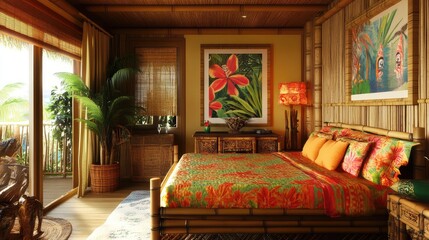 A Polynesian tropical-style bedroom, with bamboo furniture, tiki decor, and bright, exotic colors, evoking a laid-back island feel