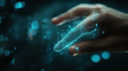 Poster - digital twin concept. a finger touches and connects with digital finger to activate both the physica